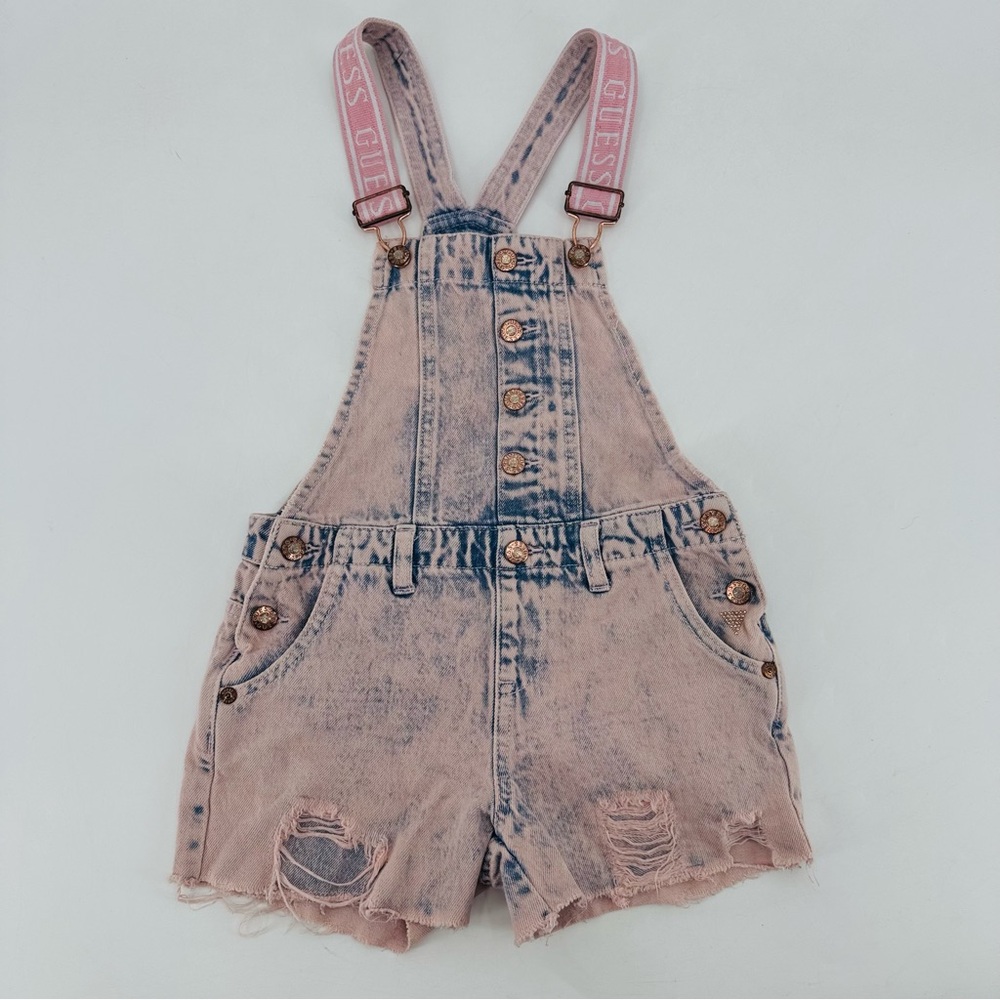 Guess Girls Acid Wash Rhinestone Signature Logo Distressed Denim Shortalls